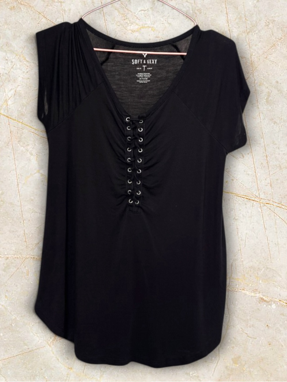 ✨MIX & MATCH: 4 FOR $25✨| AEO Soft & Sexy Black Lace-Up V-Neck Silhouette